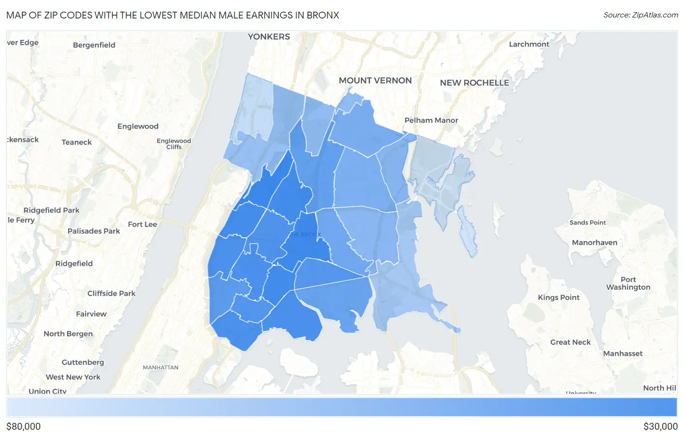 Zip Codes with the Lowest Median Male Earnings in Bronx Map