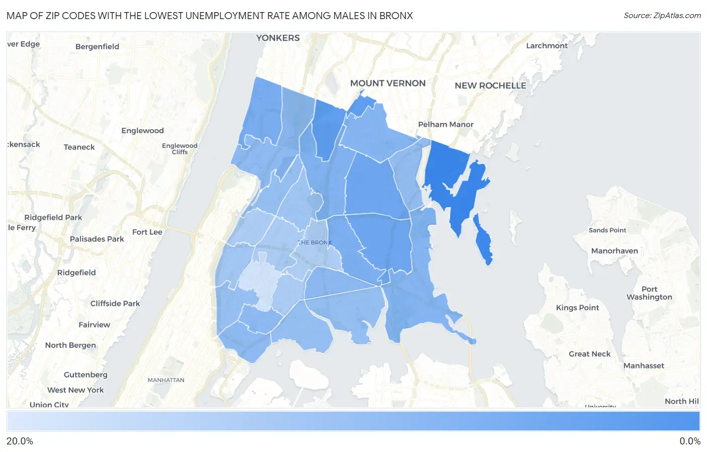 Zip Codes with the Lowest Unemployment Rate Among Males in Bronx Map