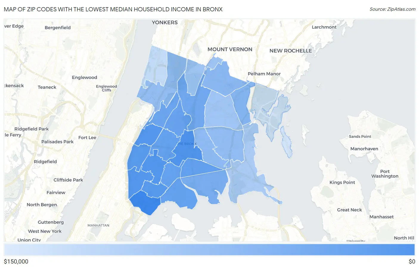 Zip Codes with the Lowest Median Household Income in Bronx Map
