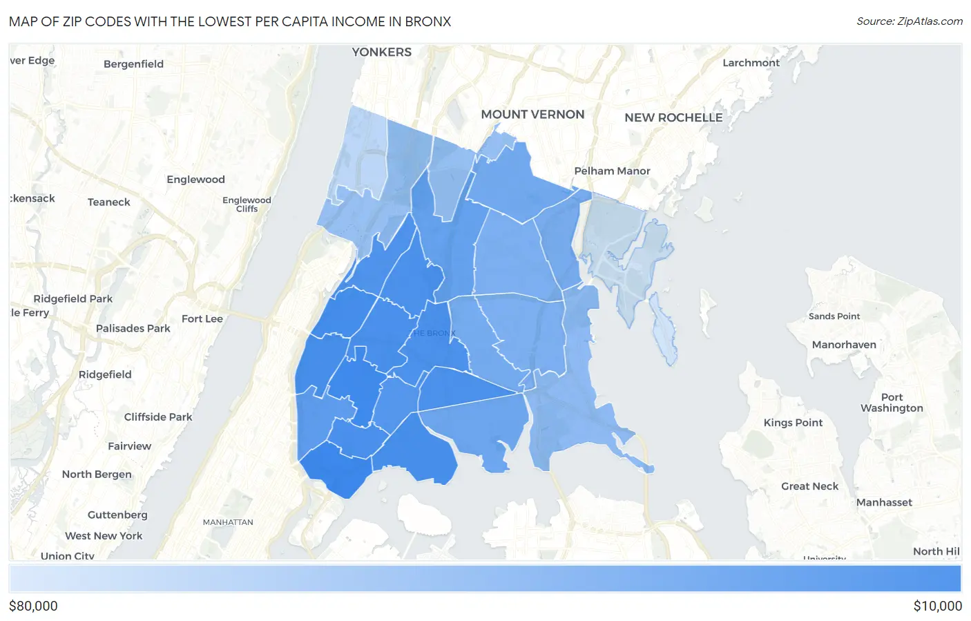 Zip Codes with the Lowest Per Capita Income in Bronx Map
