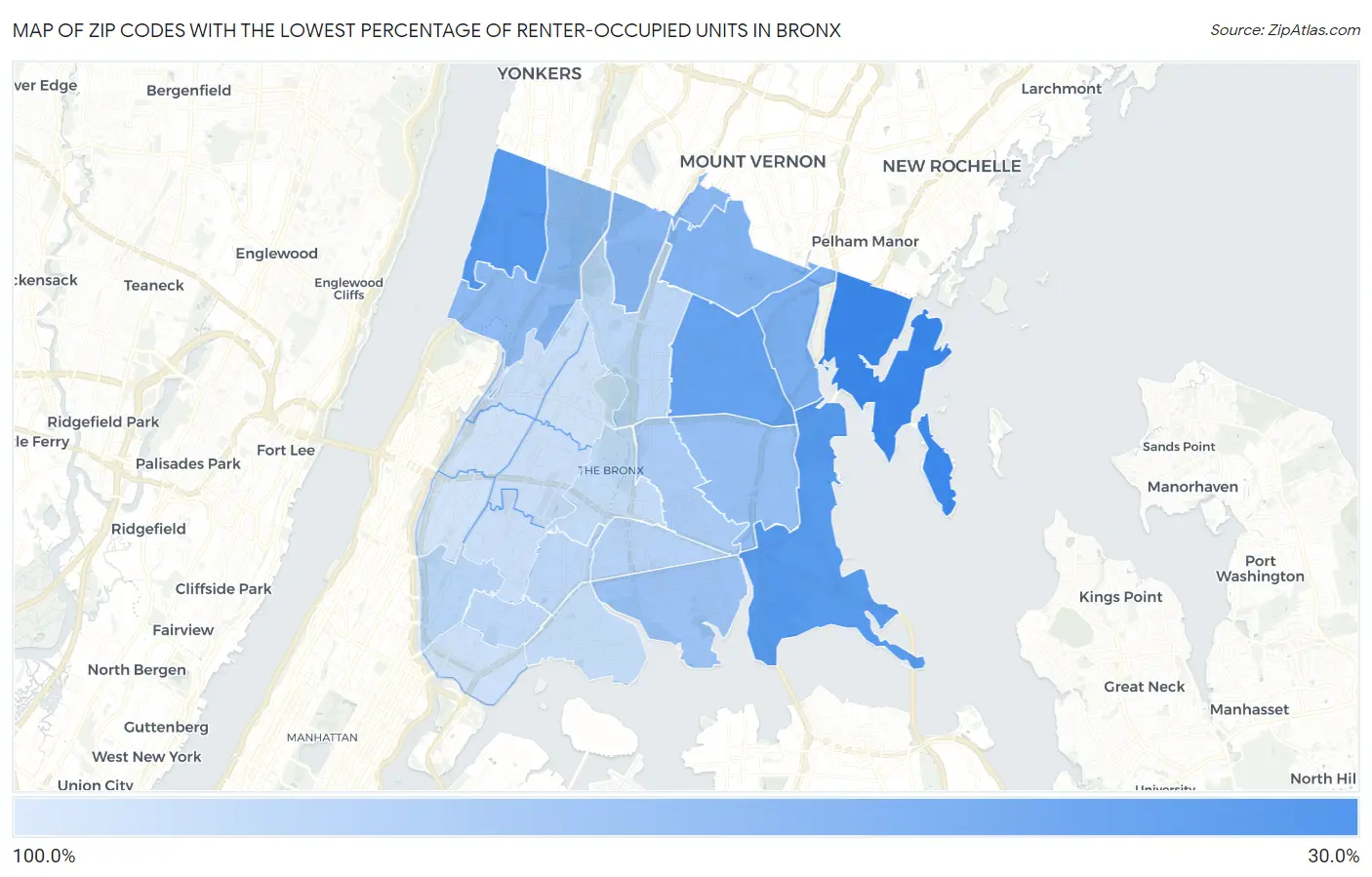 Zip Codes with the Lowest Percentage of Renter-Occupied Units in Bronx Map
