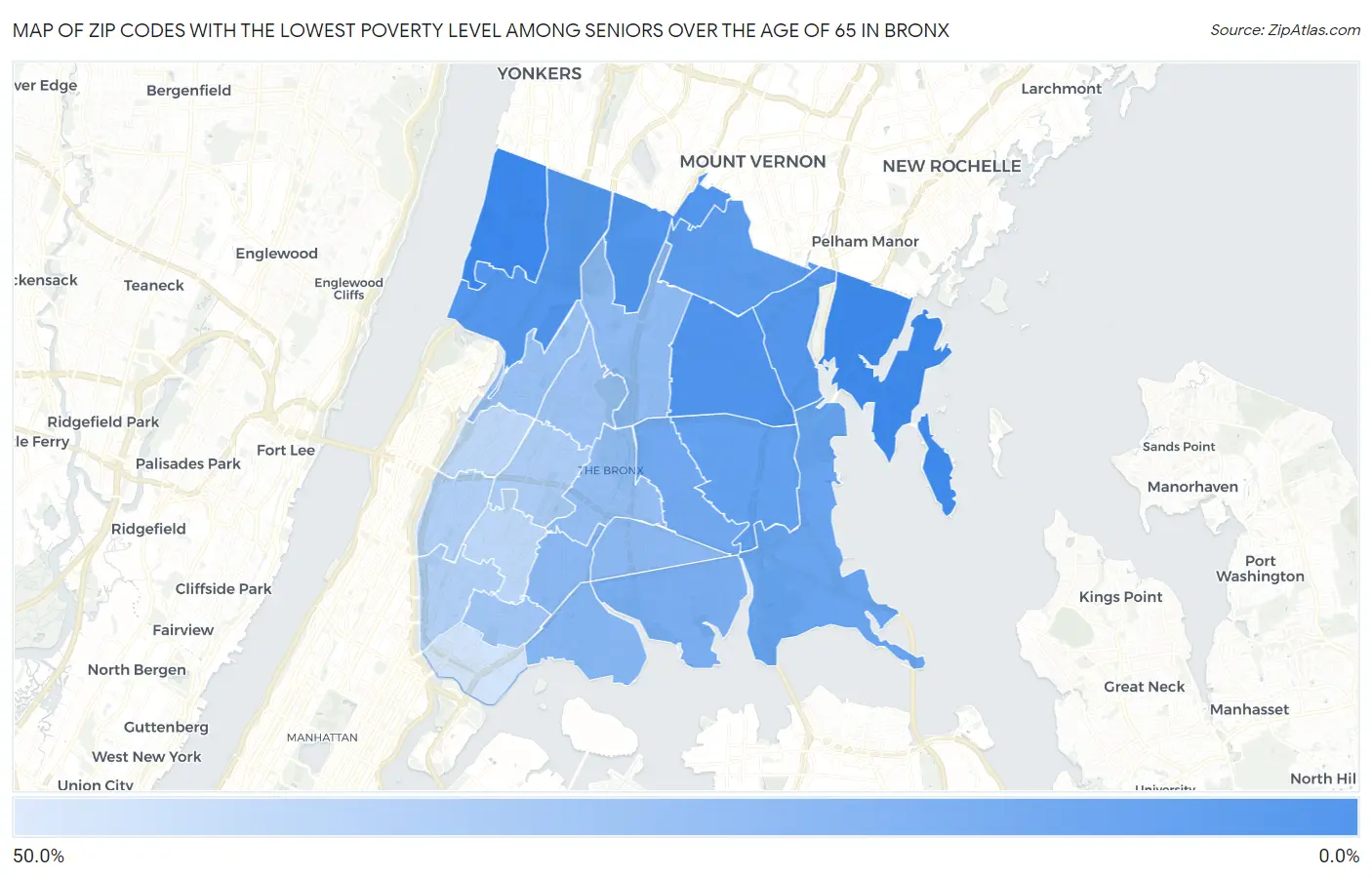 Zip Codes with the Lowest Poverty Level Among Seniors Over the Age of 65 in Bronx Map