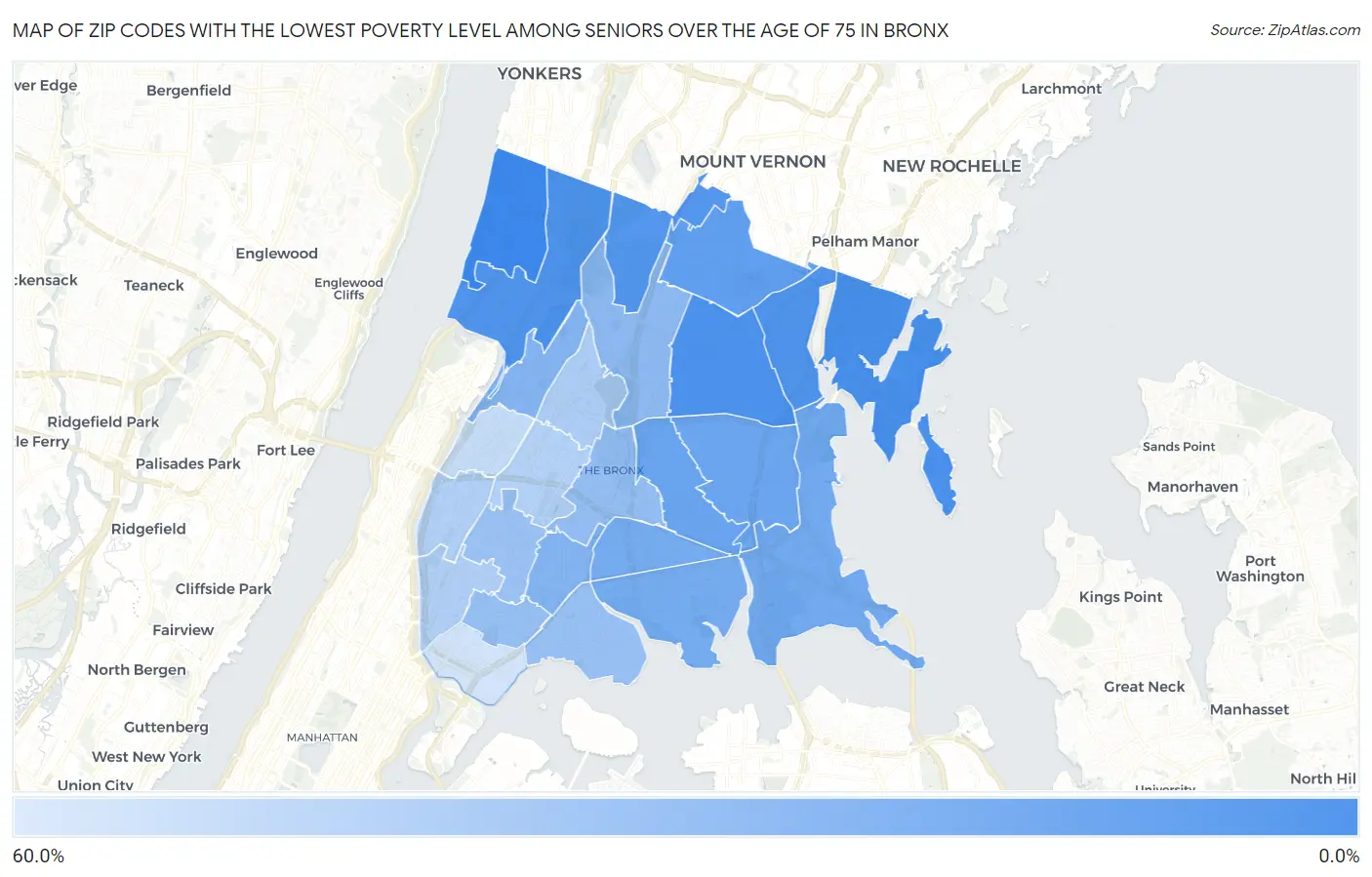 Zip Codes with the Lowest Poverty Level Among Seniors Over the Age of 75 in Bronx Map