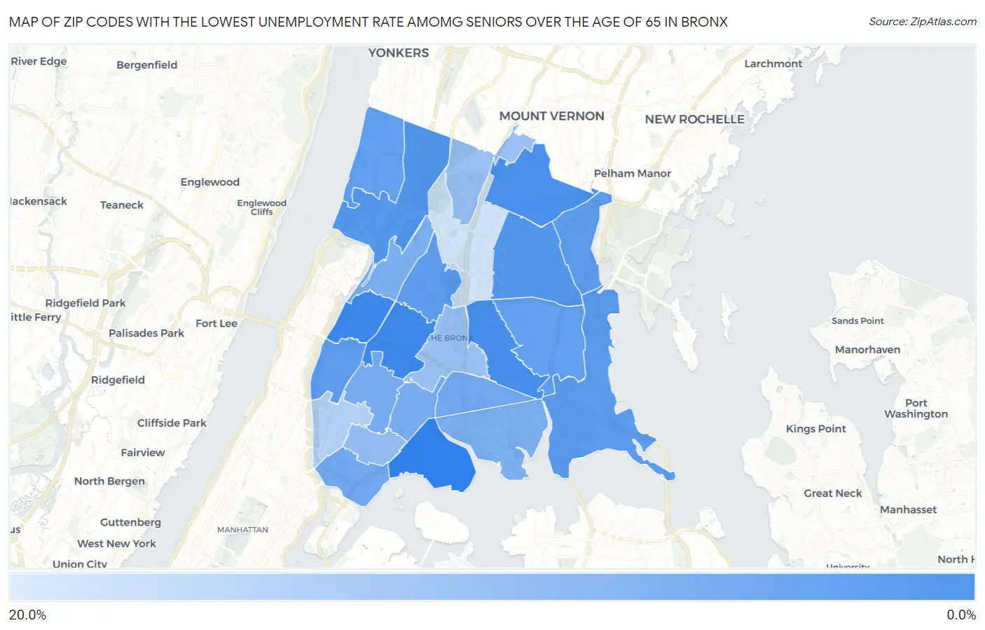 Zip Codes with the Lowest Unemployment Rate Amomg Seniors Over the Age of 65 in Bronx Map