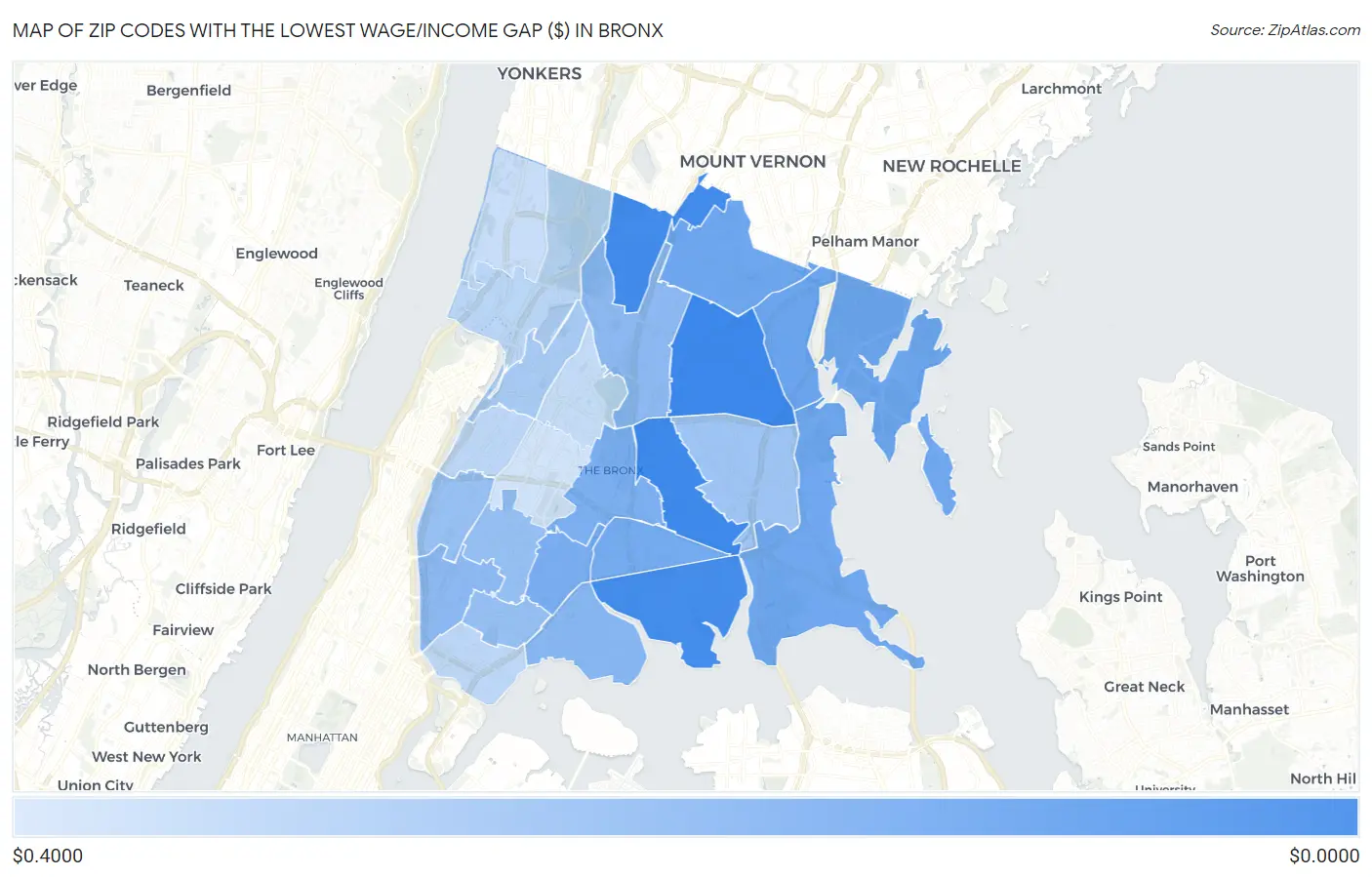 Zip Codes with the Lowest Wage/Income Gap ($) in Bronx Map