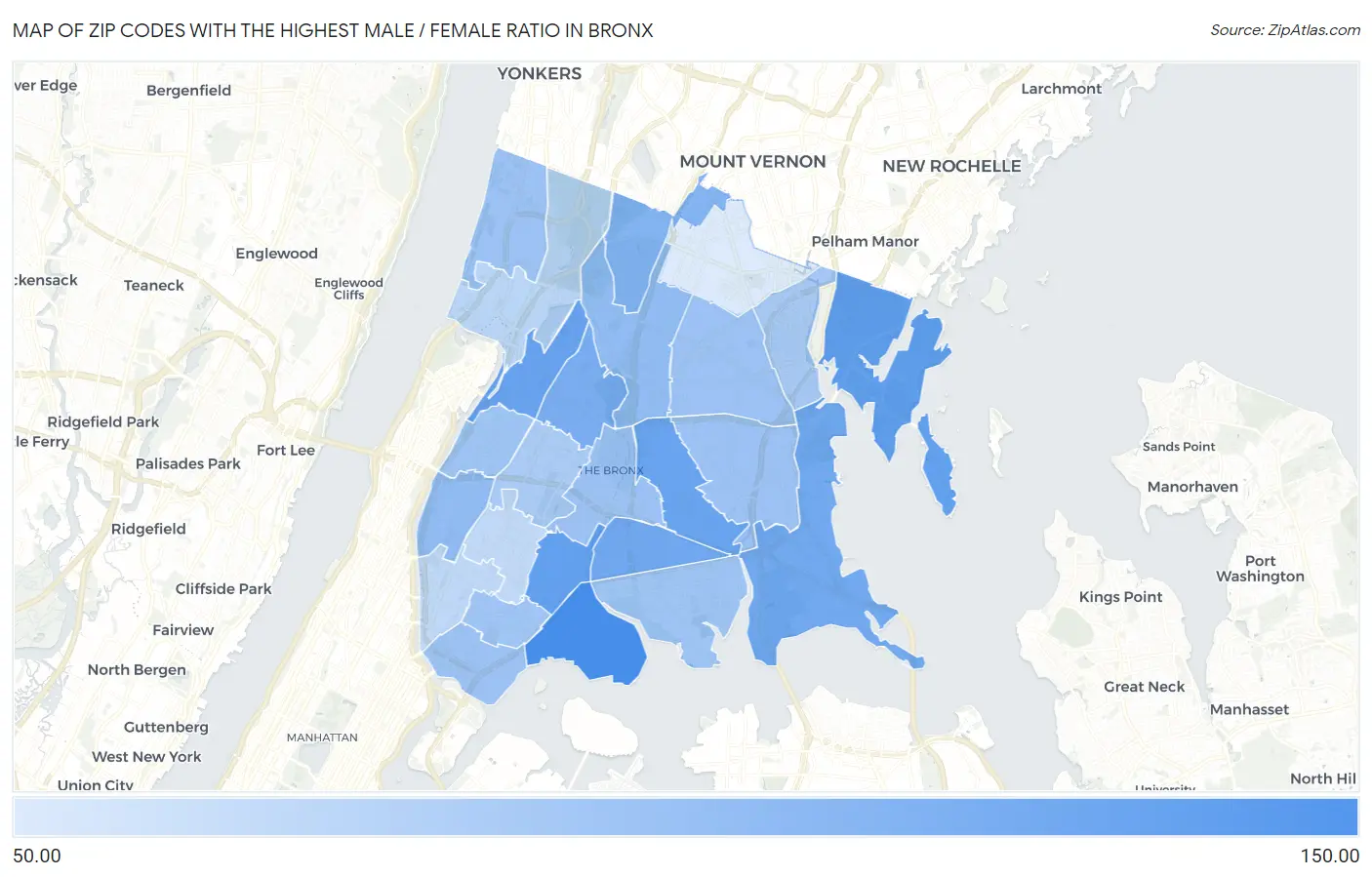 Zip Codes with the Highest Male / Female Ratio in Bronx Map