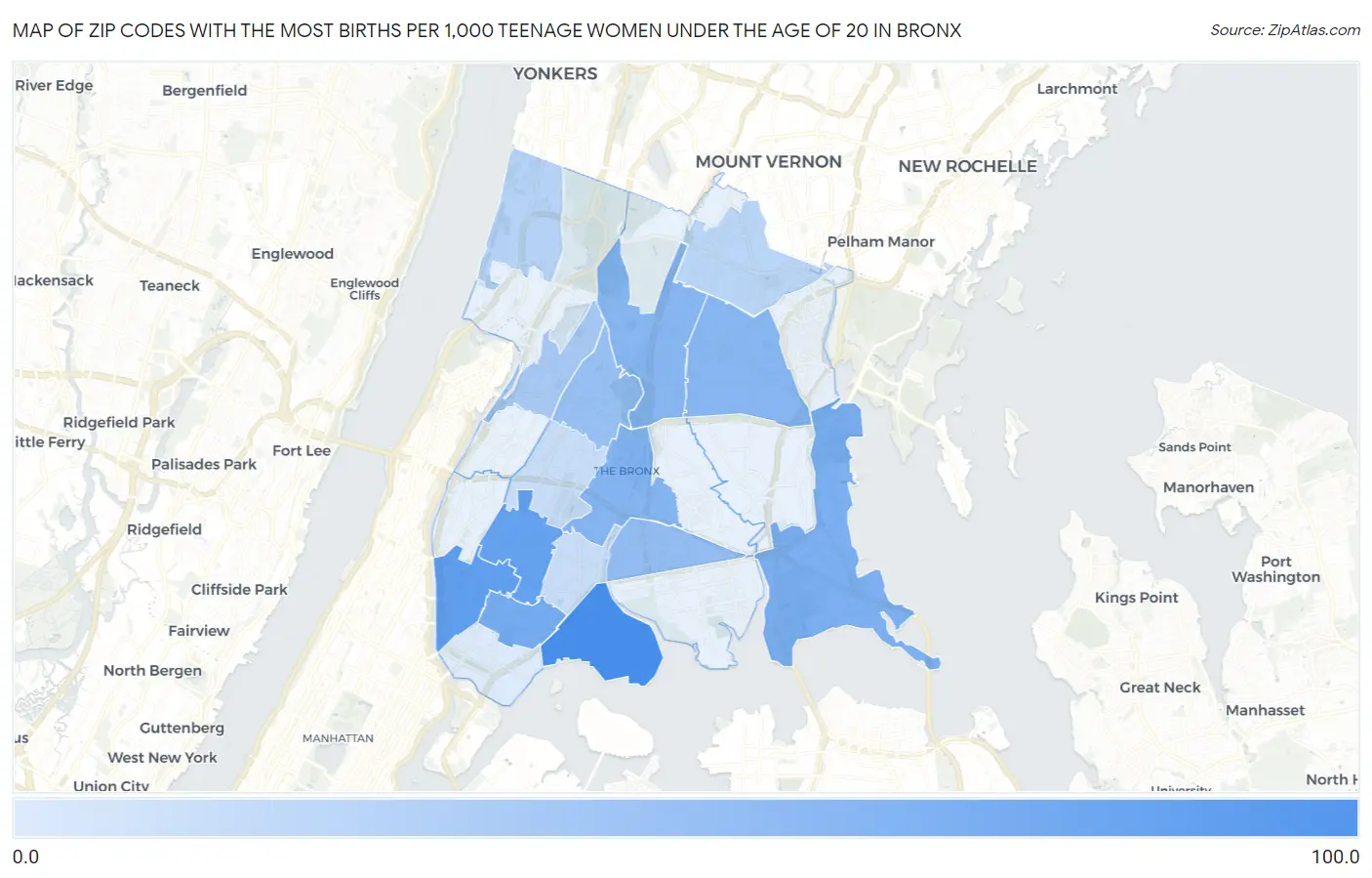 Zip Codes with the Most Births per 1,000 Teenage Women Under the Age of 20 in Bronx Map