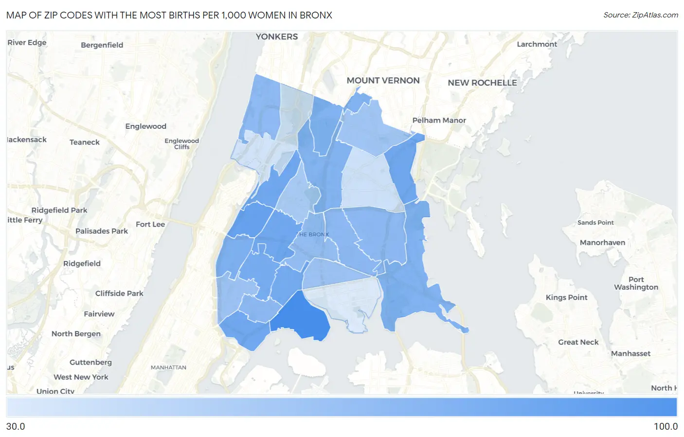 Zip Codes with the Most Births per 1,000 Women in Bronx Map