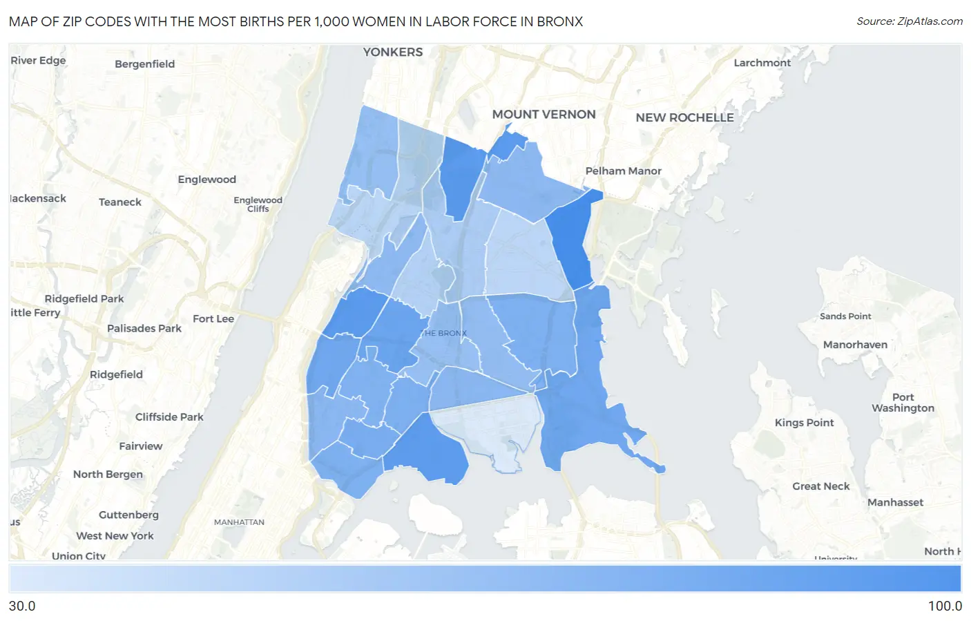 Zip Codes with the Most Births per 1,000 Women in Labor Force in Bronx Map