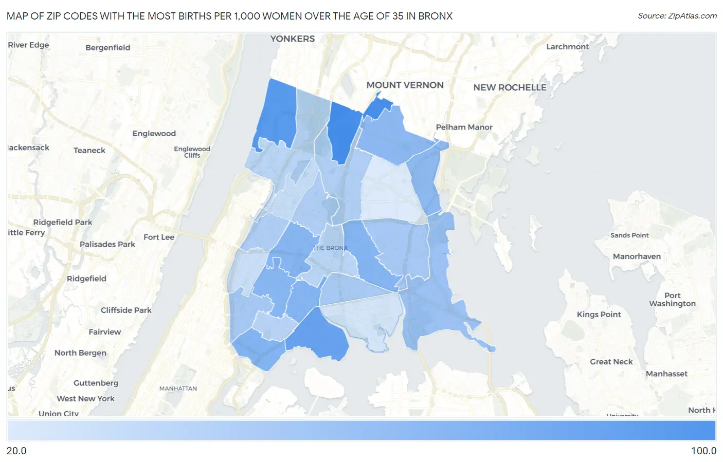 Zip Codes with the Most Births per 1,000 Women Over the Age of 35 in Bronx Map