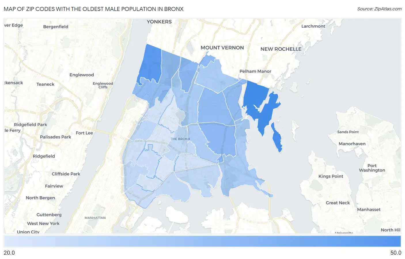 Zip Codes with the Oldest Male Population in Bronx Map