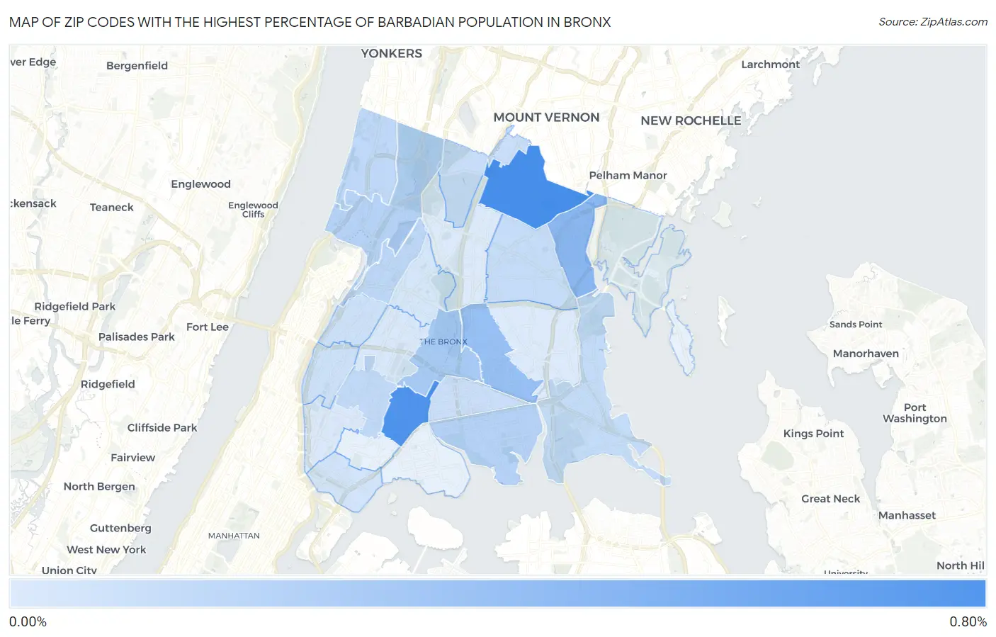 Zip Codes with the Highest Percentage of Barbadian Population in Bronx Map