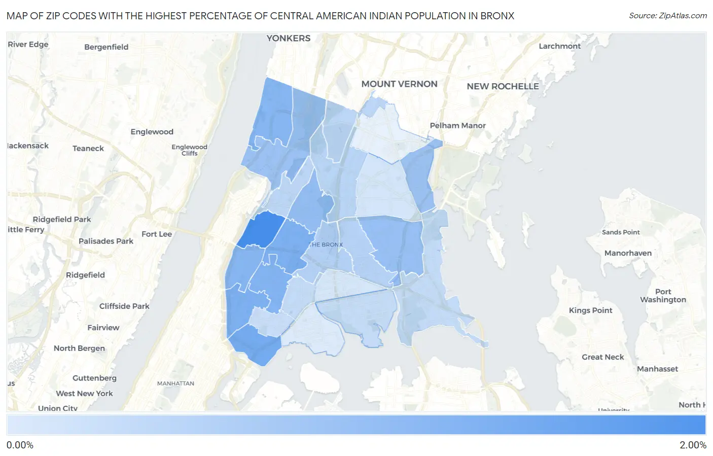Zip Codes with the Highest Percentage of Central American Indian Population in Bronx Map