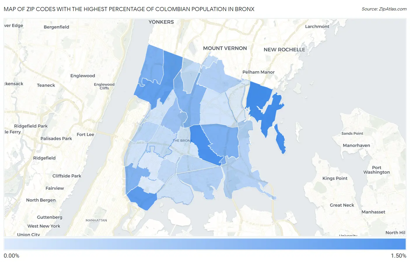 Zip Codes with the Highest Percentage of Colombian Population in Bronx Map