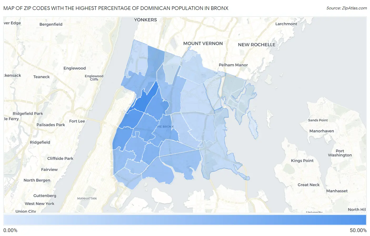 Zip Codes with the Highest Percentage of Dominican Population in Bronx Map