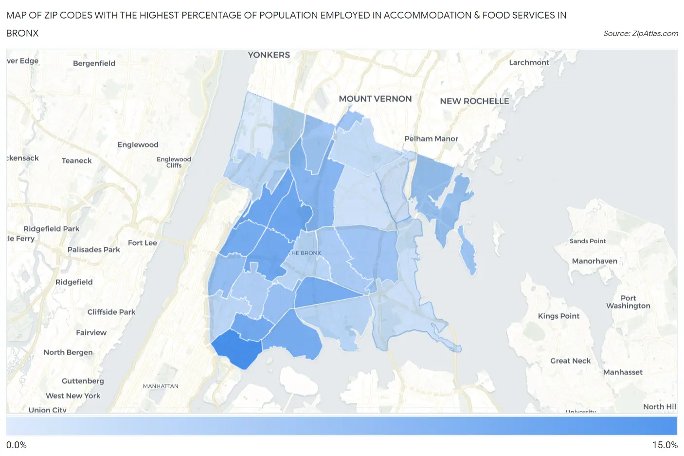 Zip Codes with the Highest Percentage of Population Employed in Accommodation & Food Services in Bronx Map
