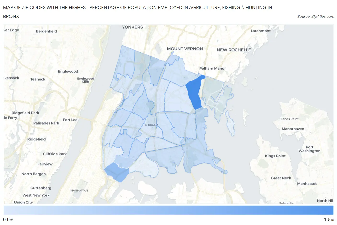 Zip Codes with the Highest Percentage of Population Employed in Agriculture, Fishing & Hunting in Bronx Map