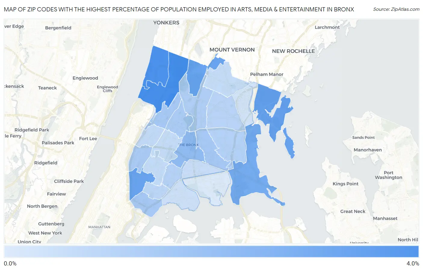Zip Codes with the Highest Percentage of Population Employed in Arts, Media & Entertainment in Bronx Map