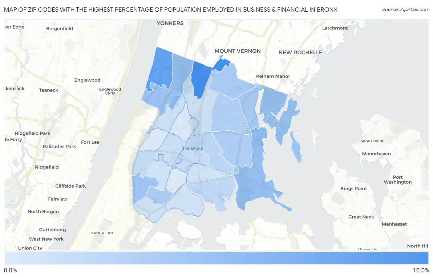 Zip Codes with the Highest Percentage of Population Employed in Business & Financial in Bronx Map