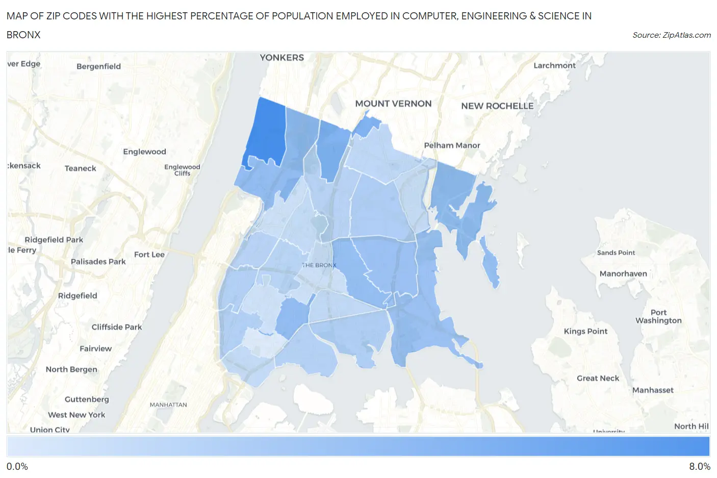 Zip Codes with the Highest Percentage of Population Employed in Computer, Engineering & Science in Bronx Map