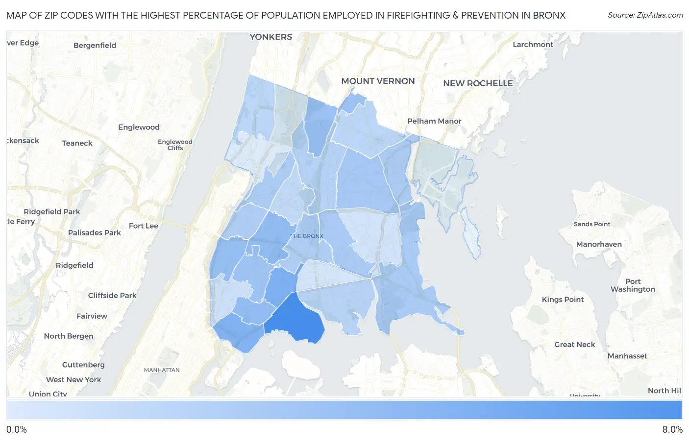 Zip Codes with the Highest Percentage of Population Employed in Firefighting & Prevention in Bronx Map