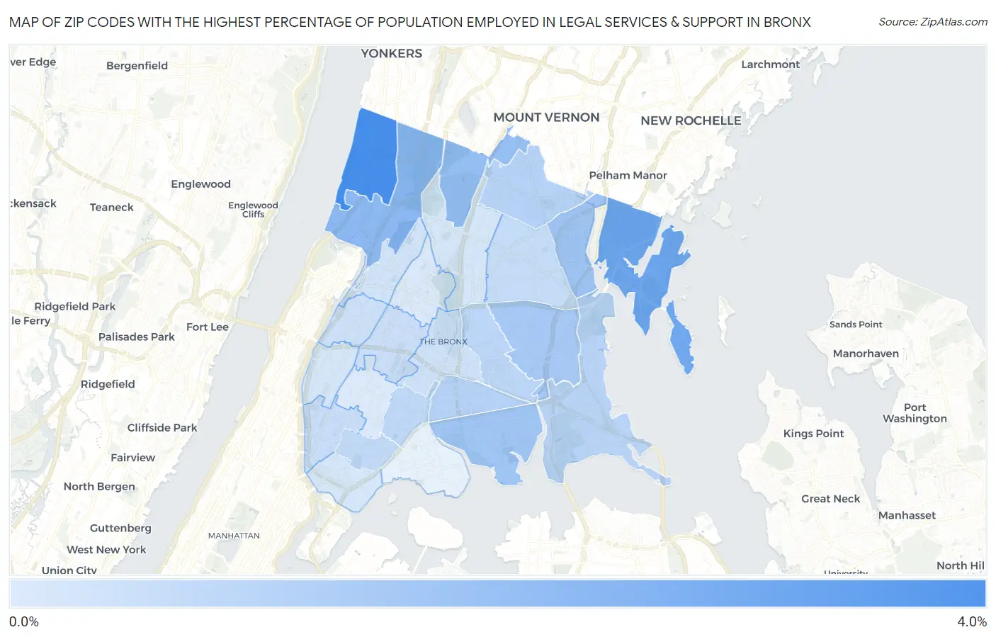 Zip Codes with the Highest Percentage of Population Employed in Legal Services & Support in Bronx Map