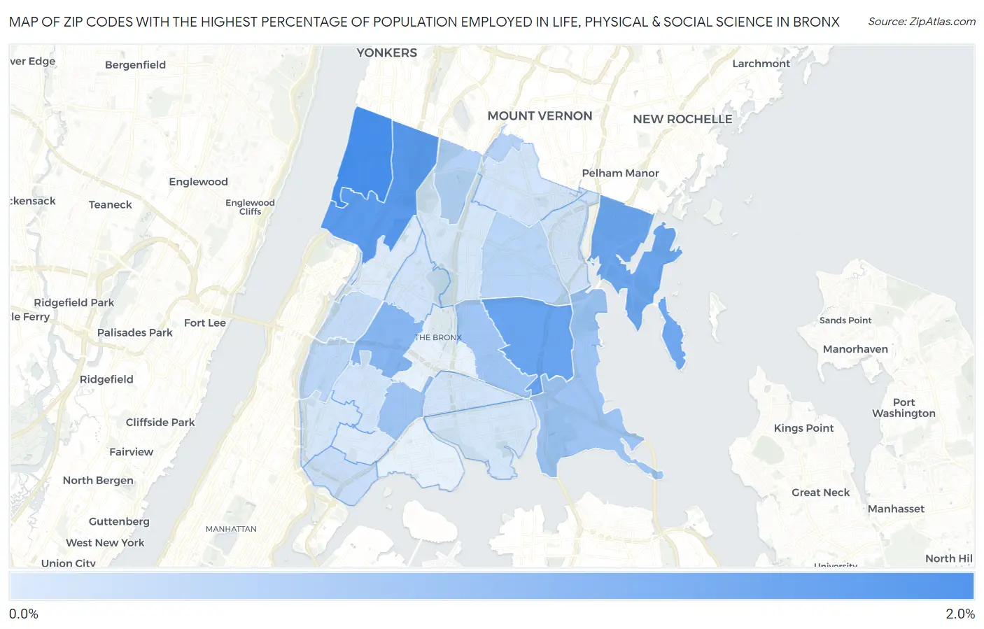 Zip Codes with the Highest Percentage of Population Employed in Life, Physical & Social Science in Bronx Map