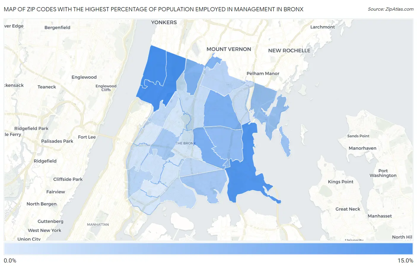 Zip Codes with the Highest Percentage of Population Employed in Management in Bronx Map