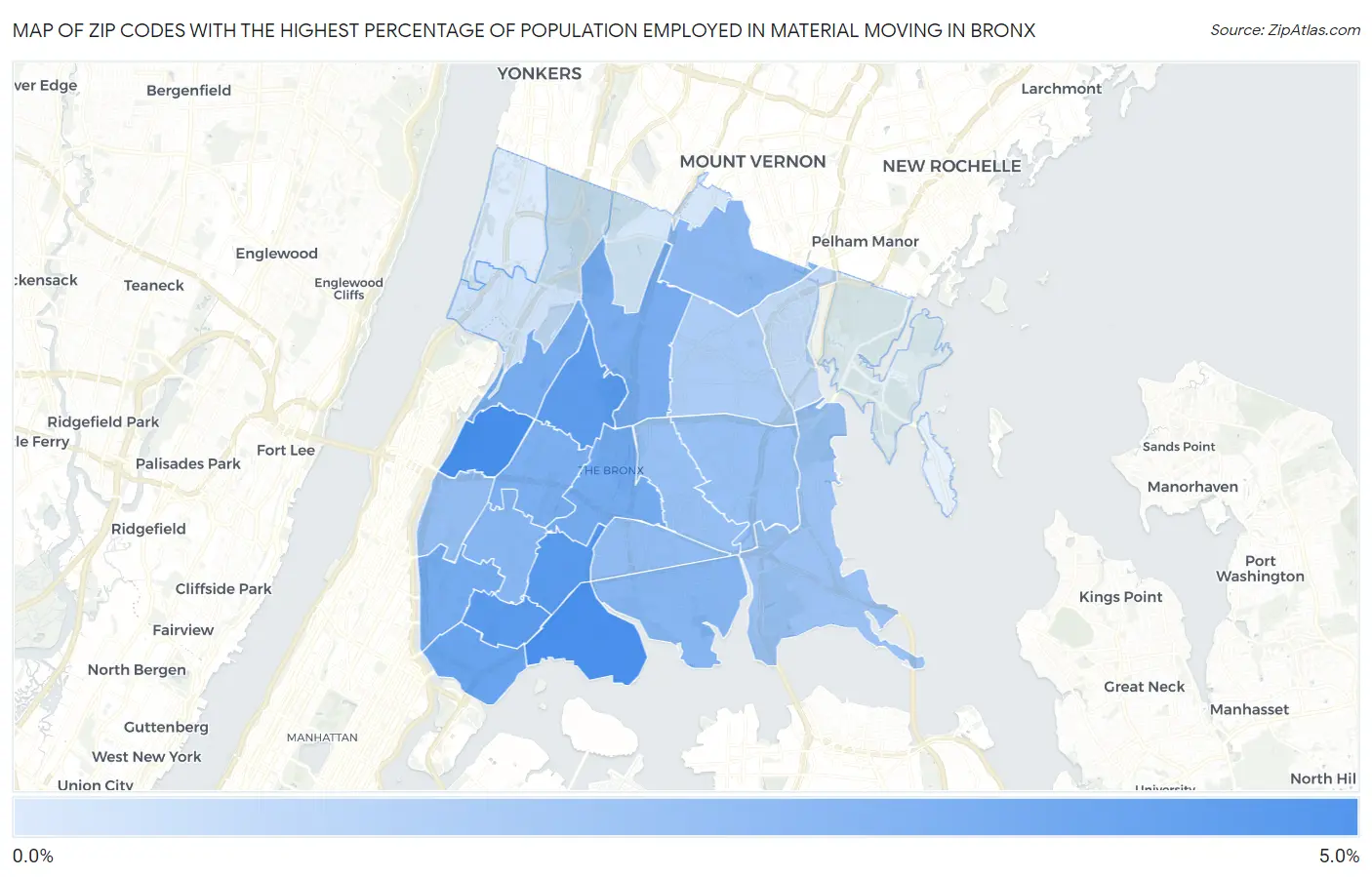 Zip Codes with the Highest Percentage of Population Employed in Material Moving in Bronx Map