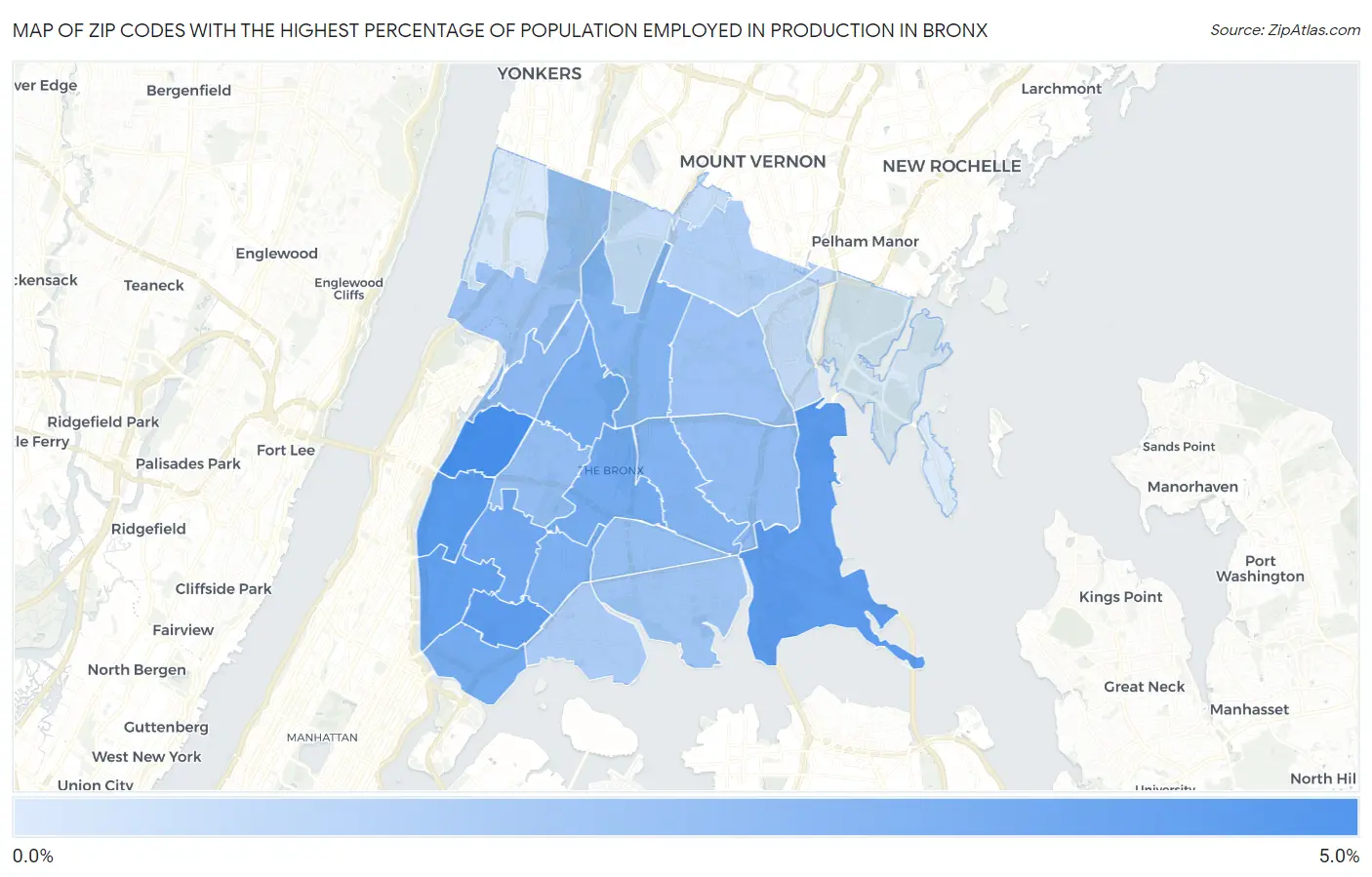 Zip Codes with the Highest Percentage of Population Employed in Production in Bronx Map