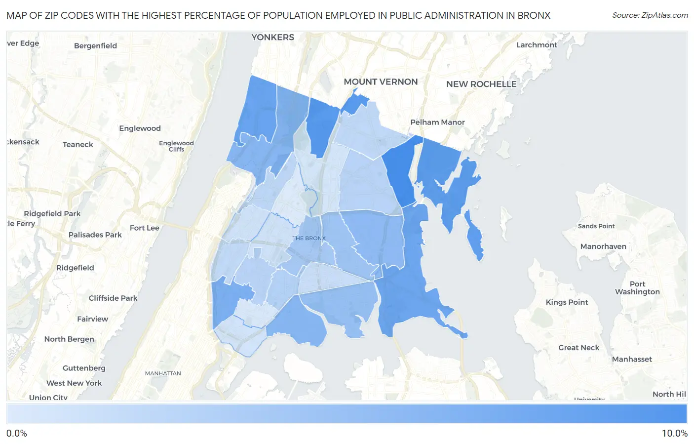Zip Codes with the Highest Percentage of Population Employed in Public Administration in Bronx Map