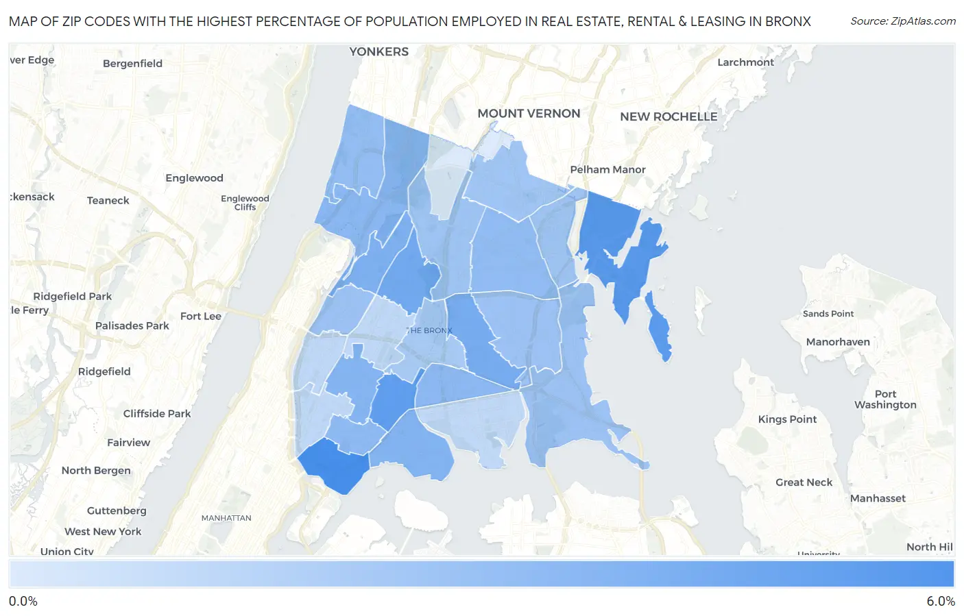 Zip Codes with the Highest Percentage of Population Employed in Real Estate, Rental & Leasing in Bronx Map