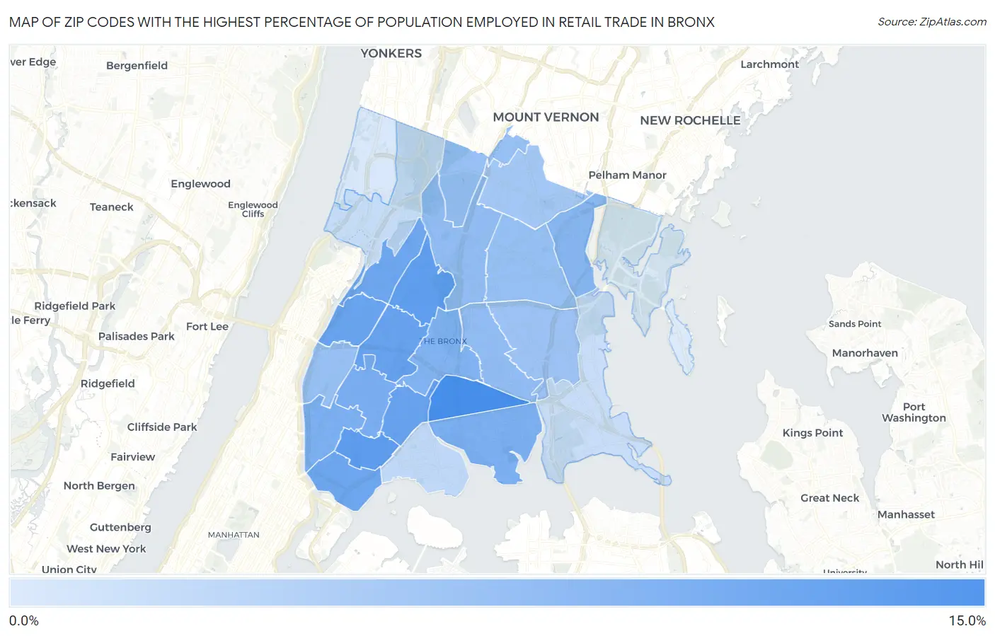 Zip Codes with the Highest Percentage of Population Employed in Retail Trade in Bronx Map