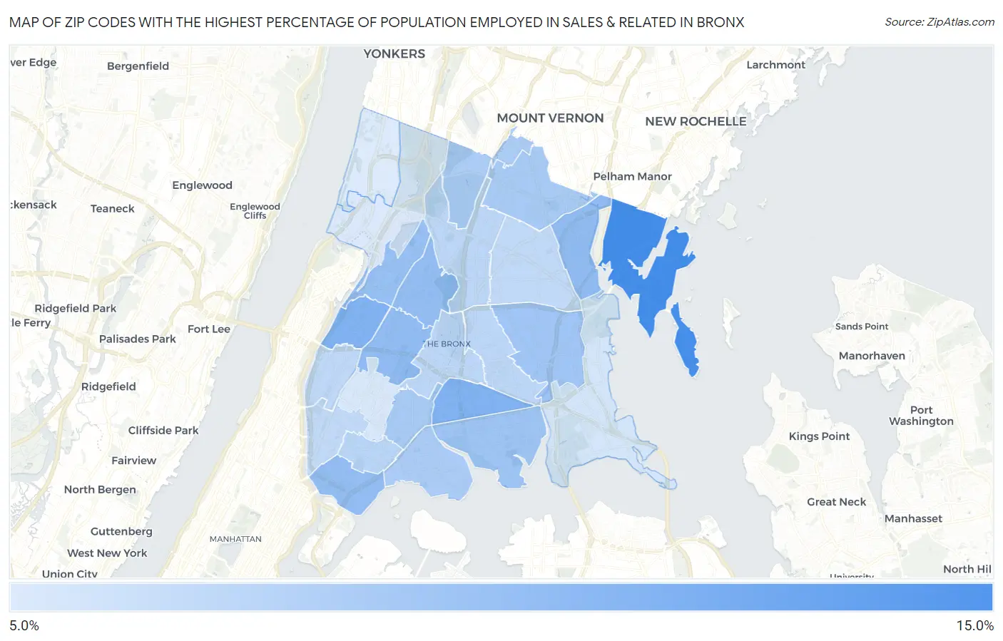 Zip Codes with the Highest Percentage of Population Employed in Sales & Related in Bronx Map