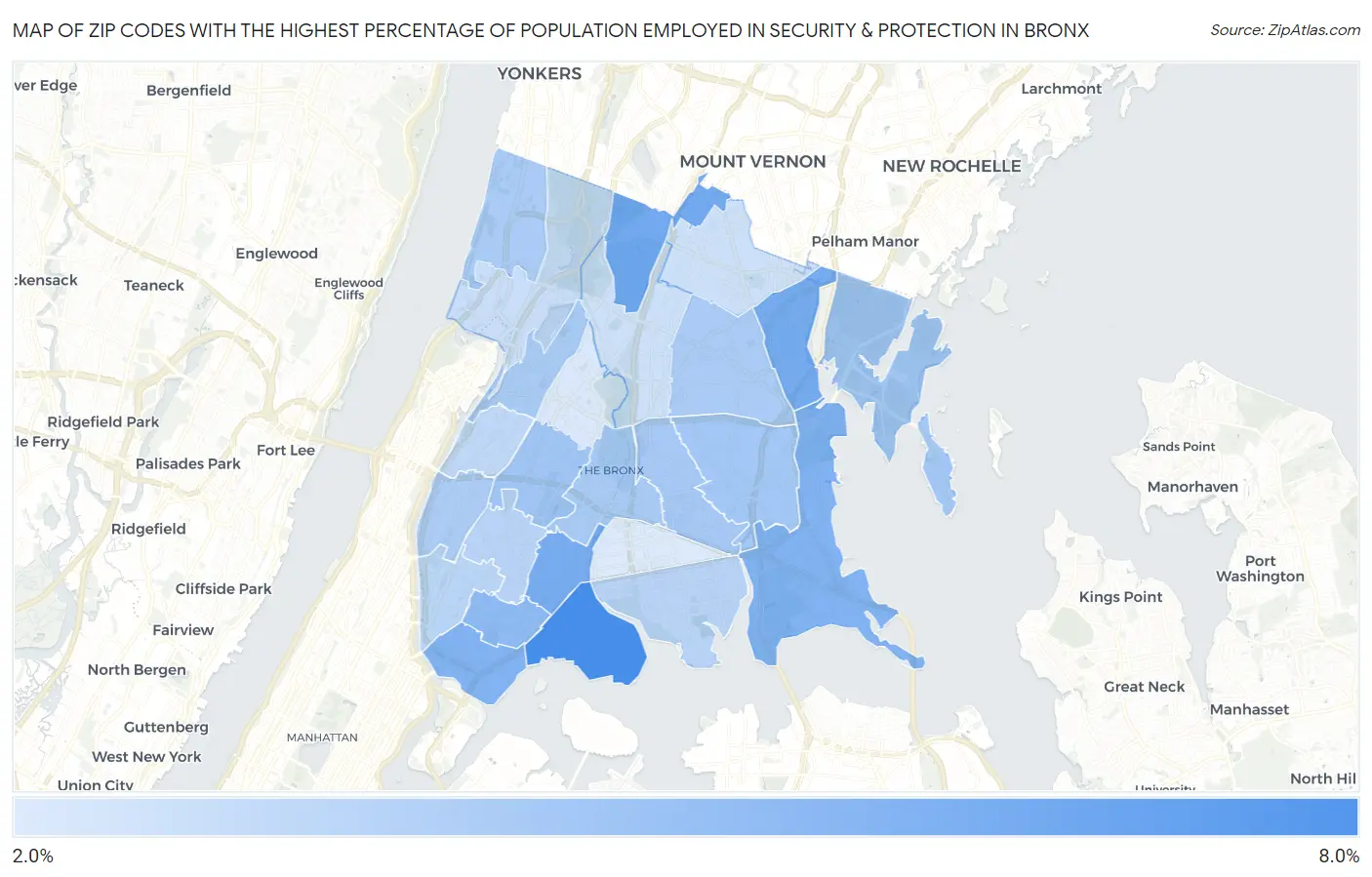 Zip Codes with the Highest Percentage of Population Employed in Security & Protection in Bronx Map