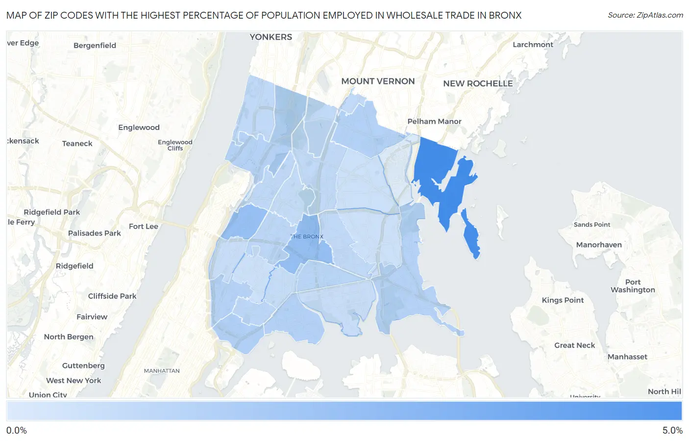 Zip Codes with the Highest Percentage of Population Employed in Wholesale Trade in Bronx Map