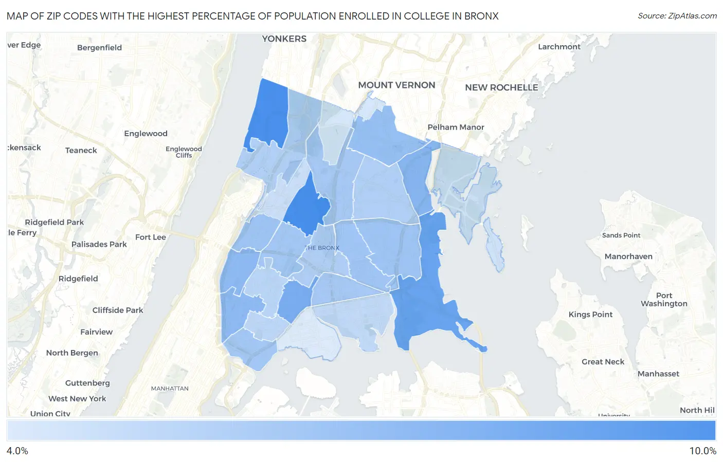 Zip Codes with the Highest Percentage of Population Enrolled in College in Bronx Map