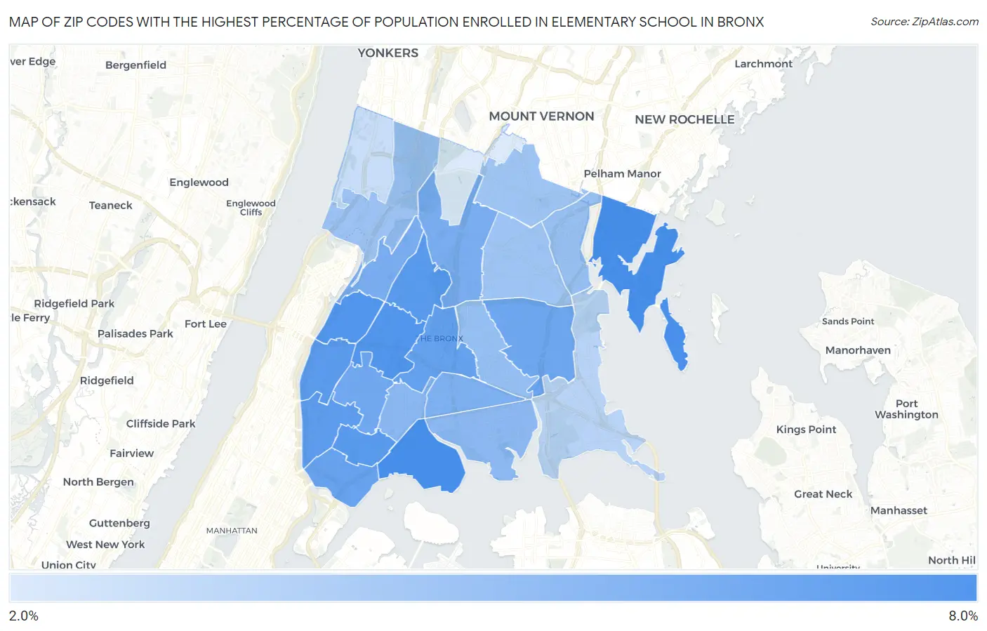 Zip Codes with the Highest Percentage of Population Enrolled in Elementary School in Bronx Map