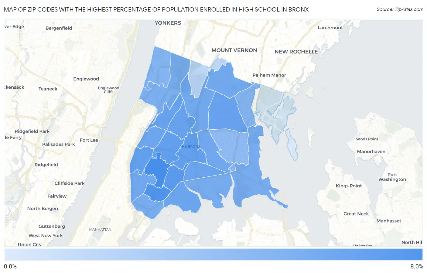 Zip Codes with the Highest Percentage of Population Enrolled in High School in Bronx Map