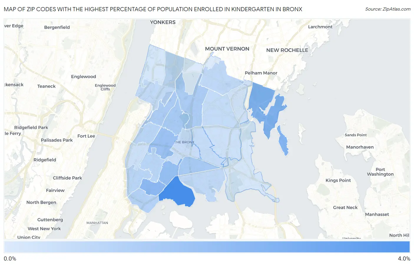 Zip Codes with the Highest Percentage of Population Enrolled in Kindergarten in Bronx Map