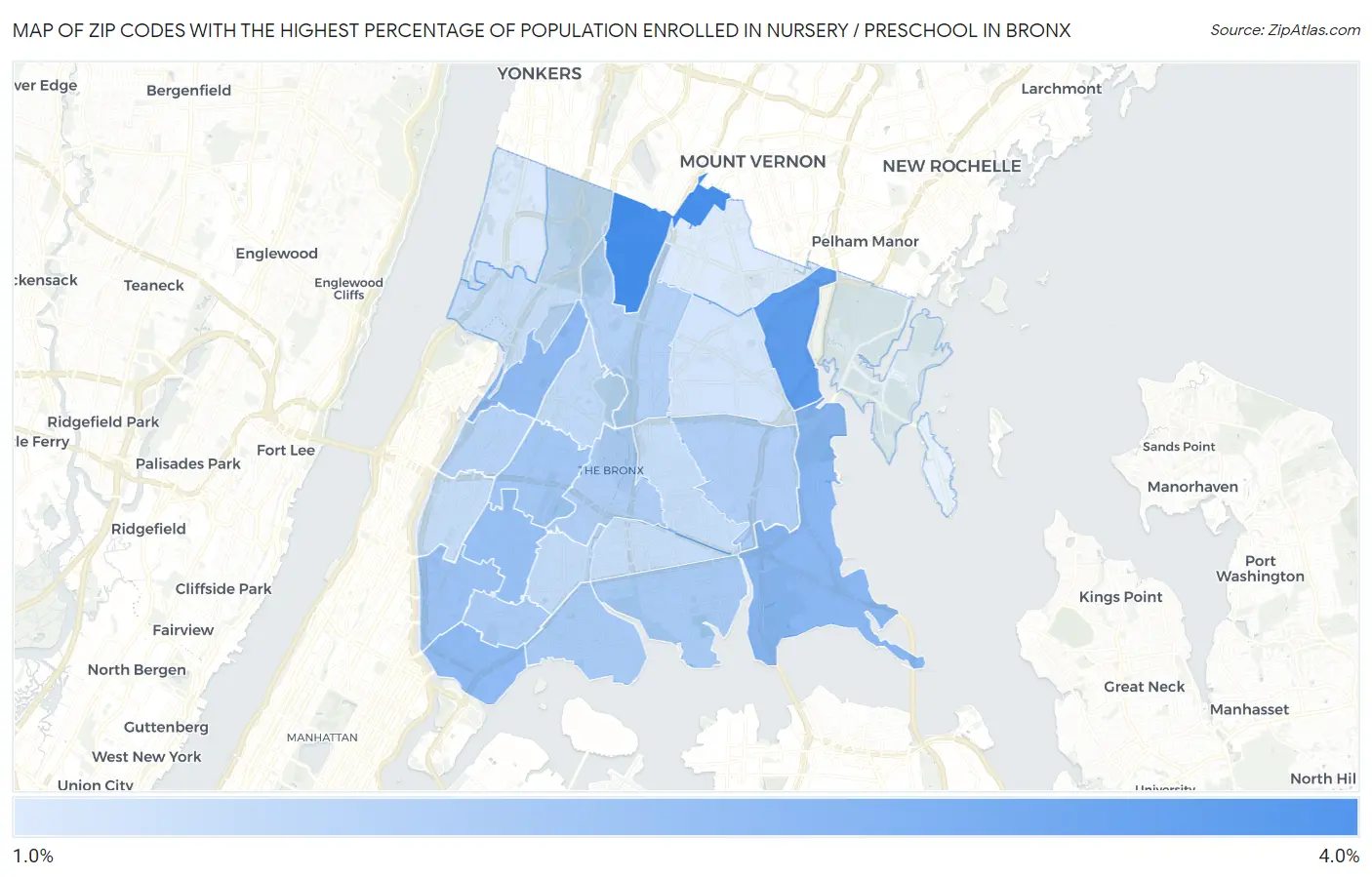 Zip Codes with the Highest Percentage of Population Enrolled in Nursery / Preschool in Bronx Map