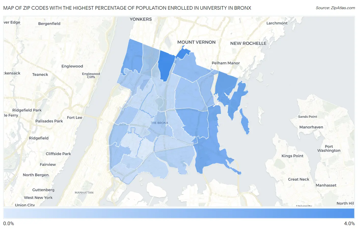 Zip Codes with the Highest Percentage of Population Enrolled in University in Bronx Map