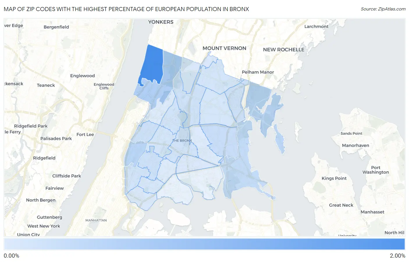 Zip Codes with the Highest Percentage of European Population in Bronx Map