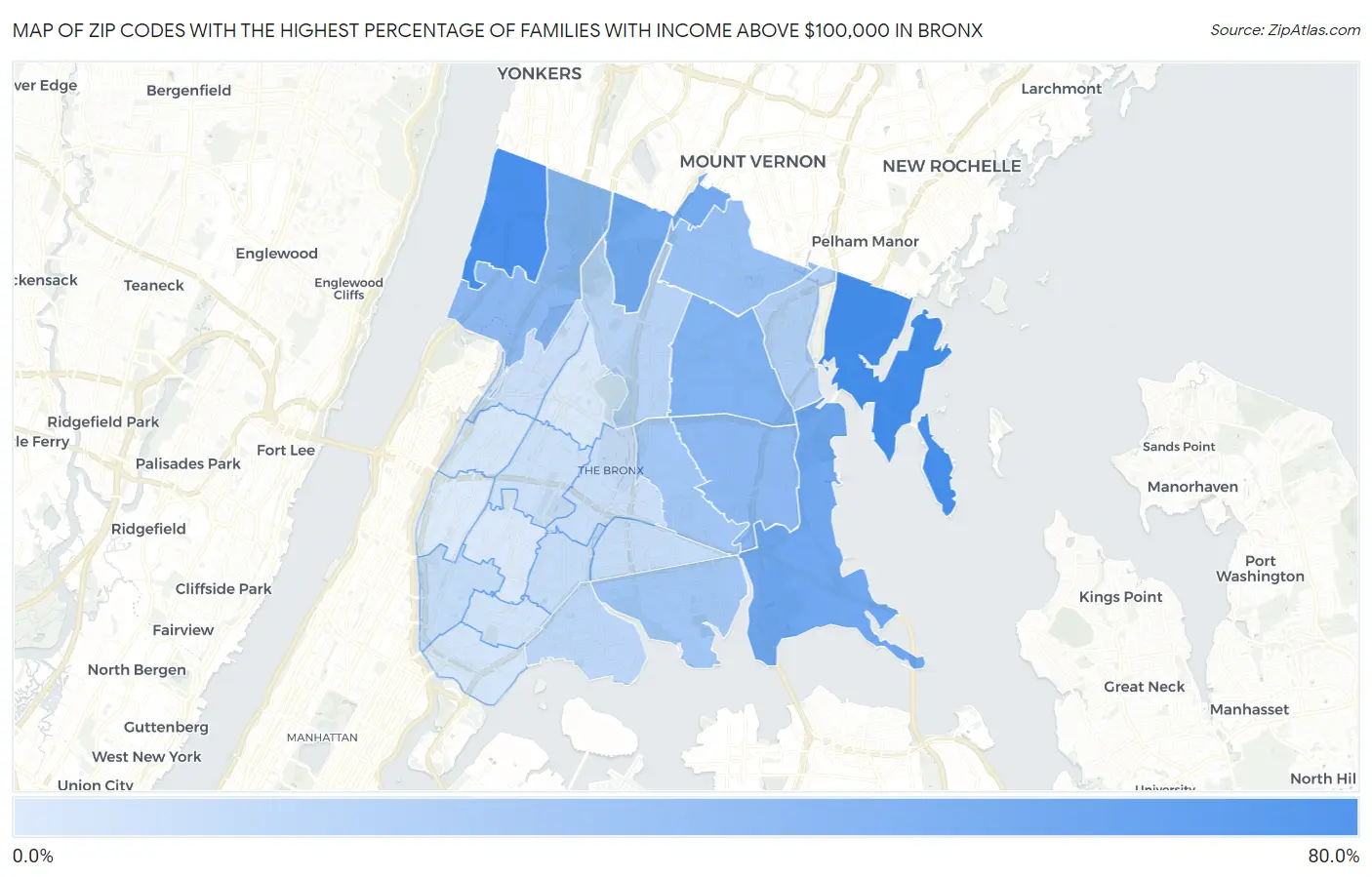 Zip Codes with the Highest Percentage of Families with Income Above $100,000 in Bronx Map