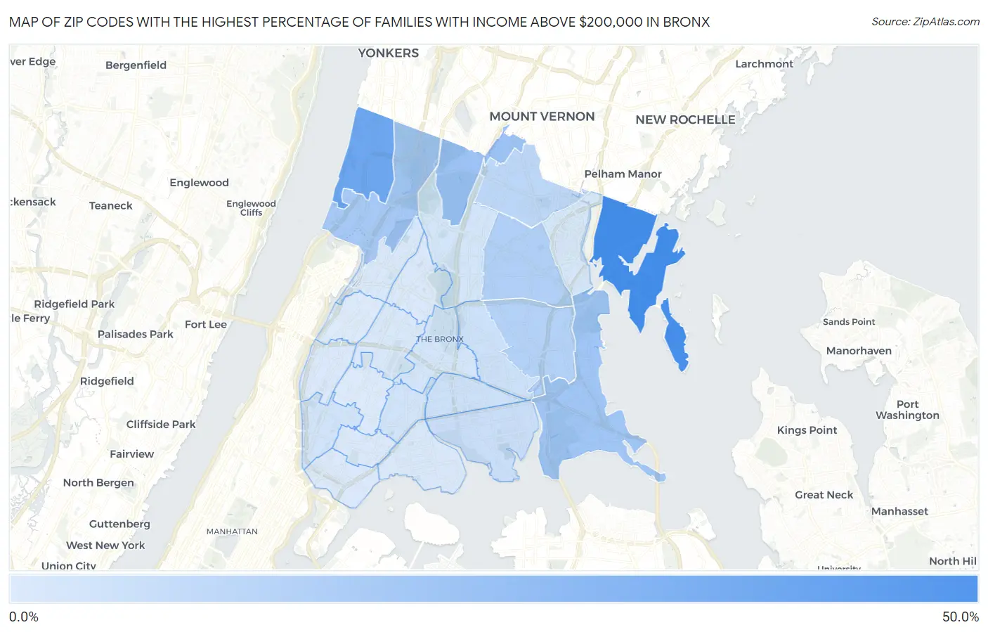 Zip Codes with the Highest Percentage of Families with Income Above $200,000 in Bronx Map