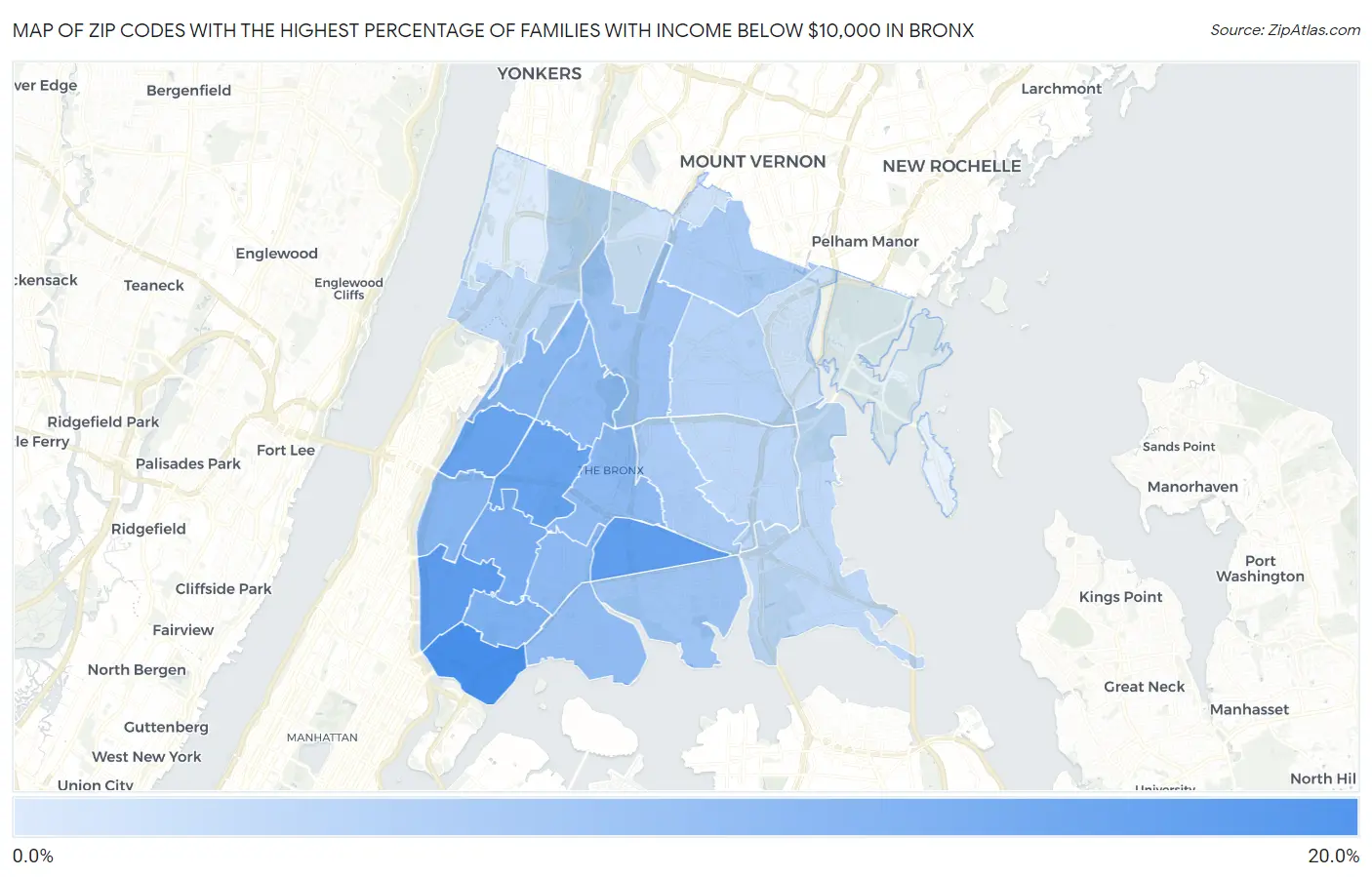 Zip Codes with the Highest Percentage of Families with Income Below $10,000 in Bronx Map