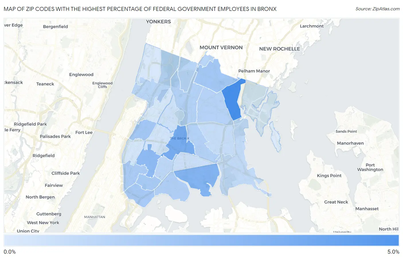 Zip Codes with the Highest Percentage of Federal Government Employees in Bronx Map