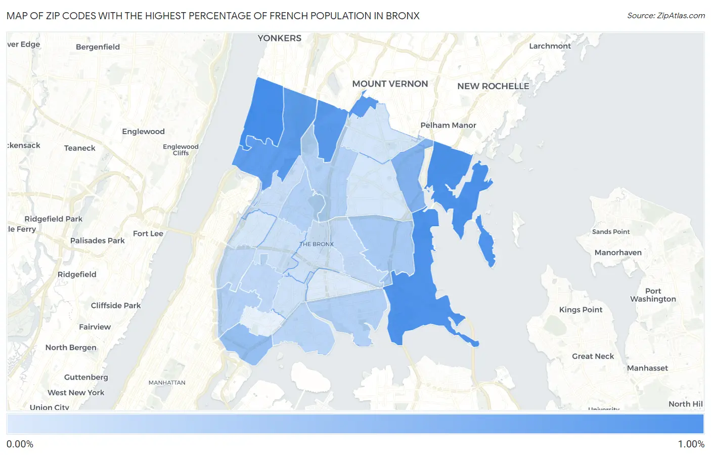 Zip Codes with the Highest Percentage of French Population in Bronx Map