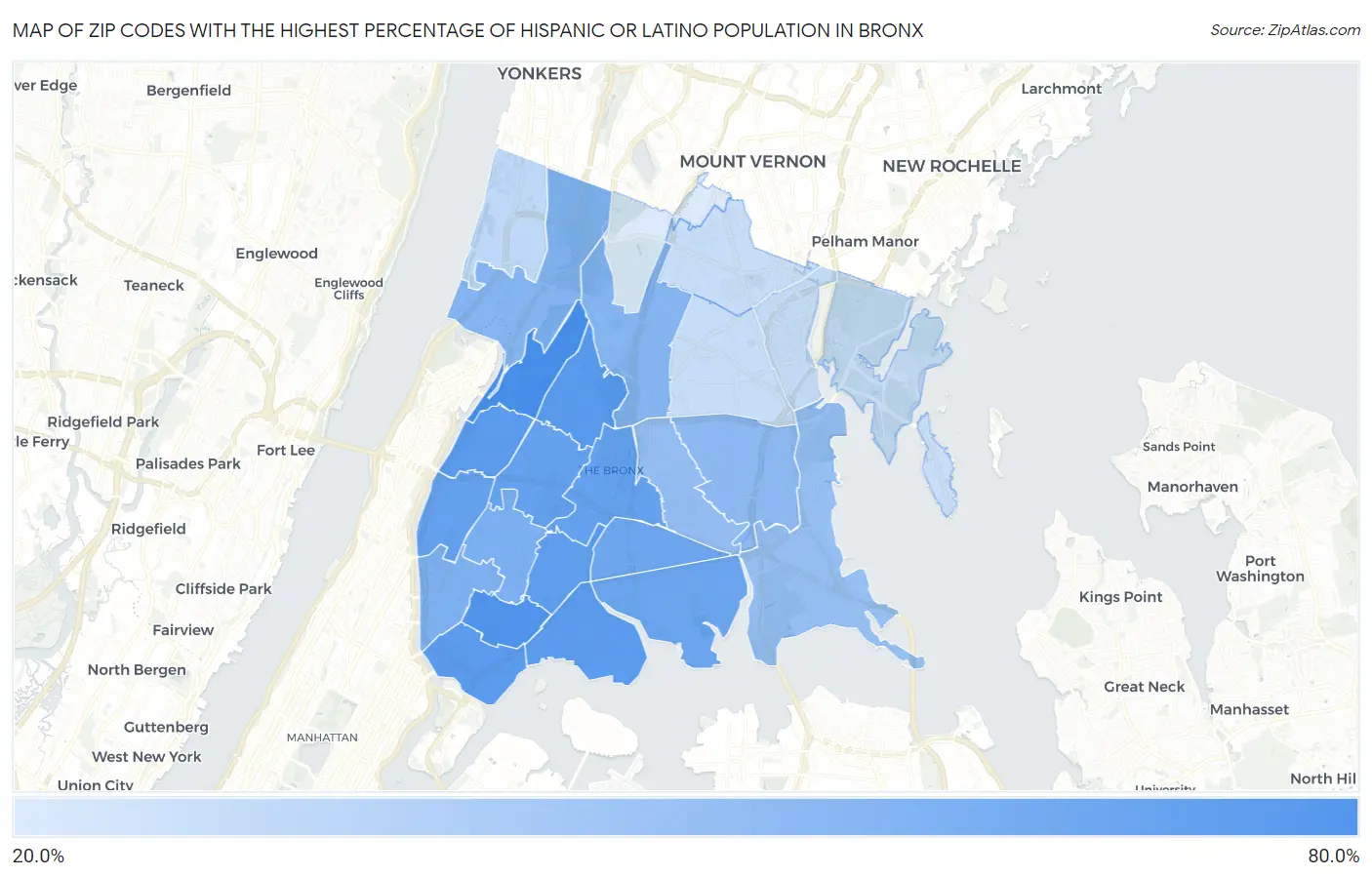 Zip Codes with the Highest Percentage of Hispanic or Latino Population in Bronx Map