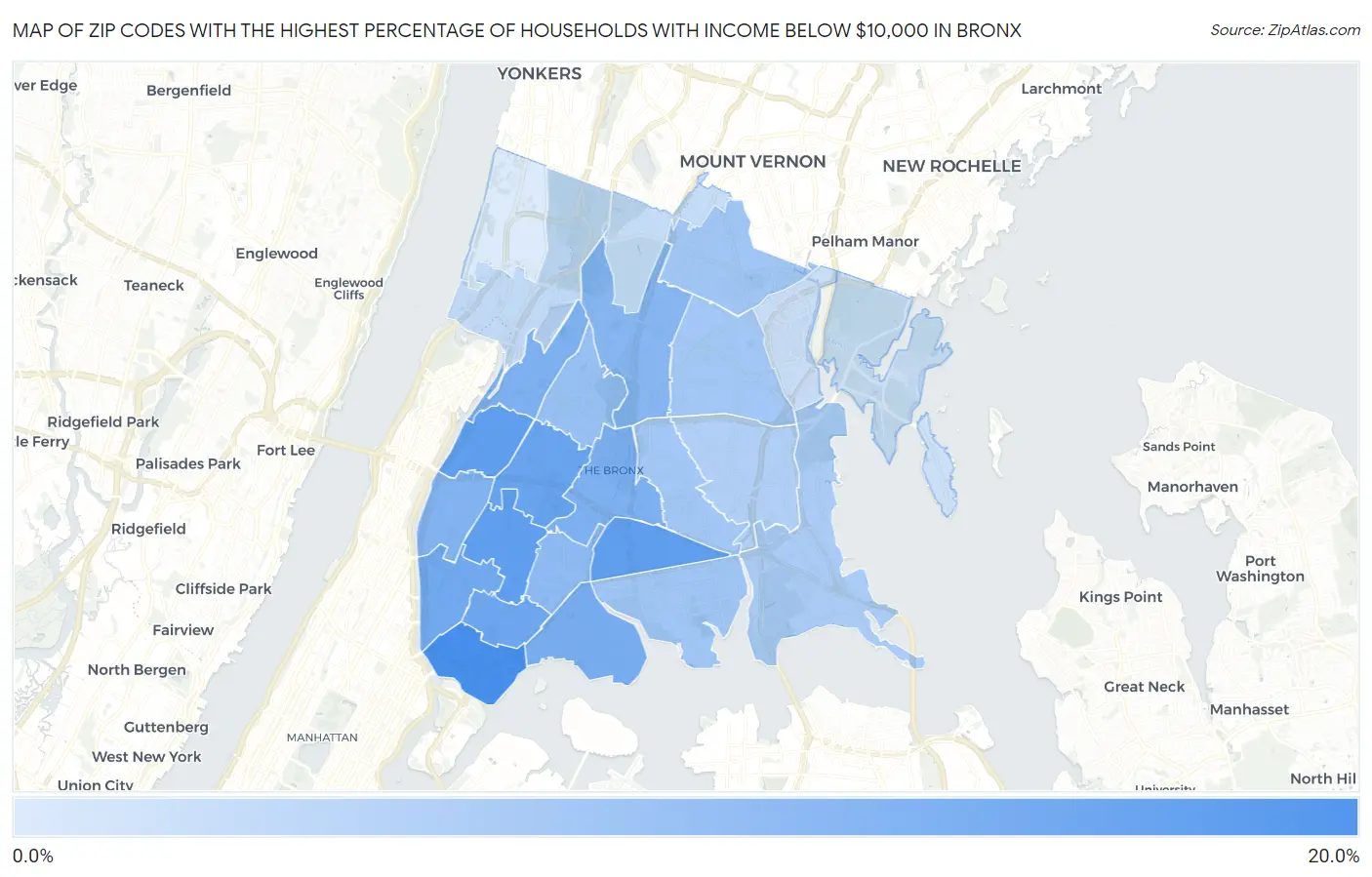 Zip Codes with the Highest Percentage of Households with Income Below $10,000 in Bronx Map